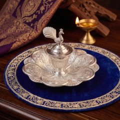 Divine Peacock 925 Sterling Silver Kumkumdani with Carved Tray