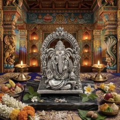 Divine Majesty: Handcrafted 925 Silver Ganesha Murti with Prabhavali