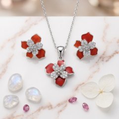 The Crimson Bloom Pendant & Earrings Set