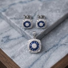 925 Sterling Silver Sapphire Blue Cushion Halo Set