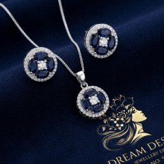 Royal Halo Sapphire Blue & Crystal Pendant Necklace and Earrings Set