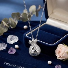 Manifest Wealth Pave Crystal Money Bag Pendant Necklace in Sterling Silver