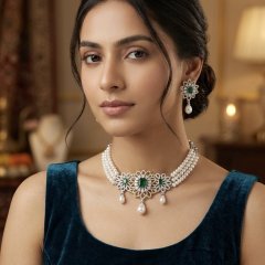 Regal 925 Silver Pearl & Emerald Choker Set