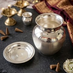 Traditional 925 Silver Puja Pot & Matching Plate