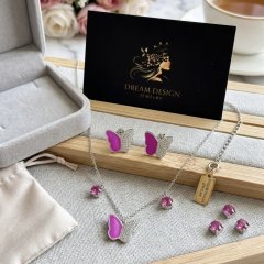 925 Silver Pink Pave Butterfly Necklace & Earring Set