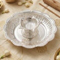 925 Silver Ornate Diya & Matching Pooja Plate