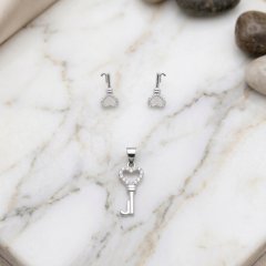 925 Silver Pave Heart Key Pendant & Earrings Set