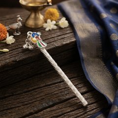 925 Silver Enamel Peacock Basoori (Krishna Flute)