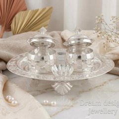 Majestic Twin-Urn Silver Kumkum Box on Floral Pedestal