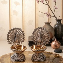 Royal Peacock Fanning 925 Silver Oxidised Diya Set
