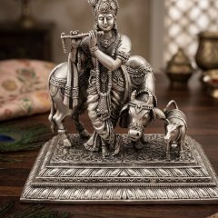 Divine 925 Silver Oxidised Krishna with Cow & Calf Murti