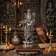 Majestic 925 Silver Oxidised Flute-Playing Krishna on Lotus