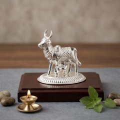 Kamdhenu Pure Silver Cow and Calf Idol: A Symbol of Abundance and Grace